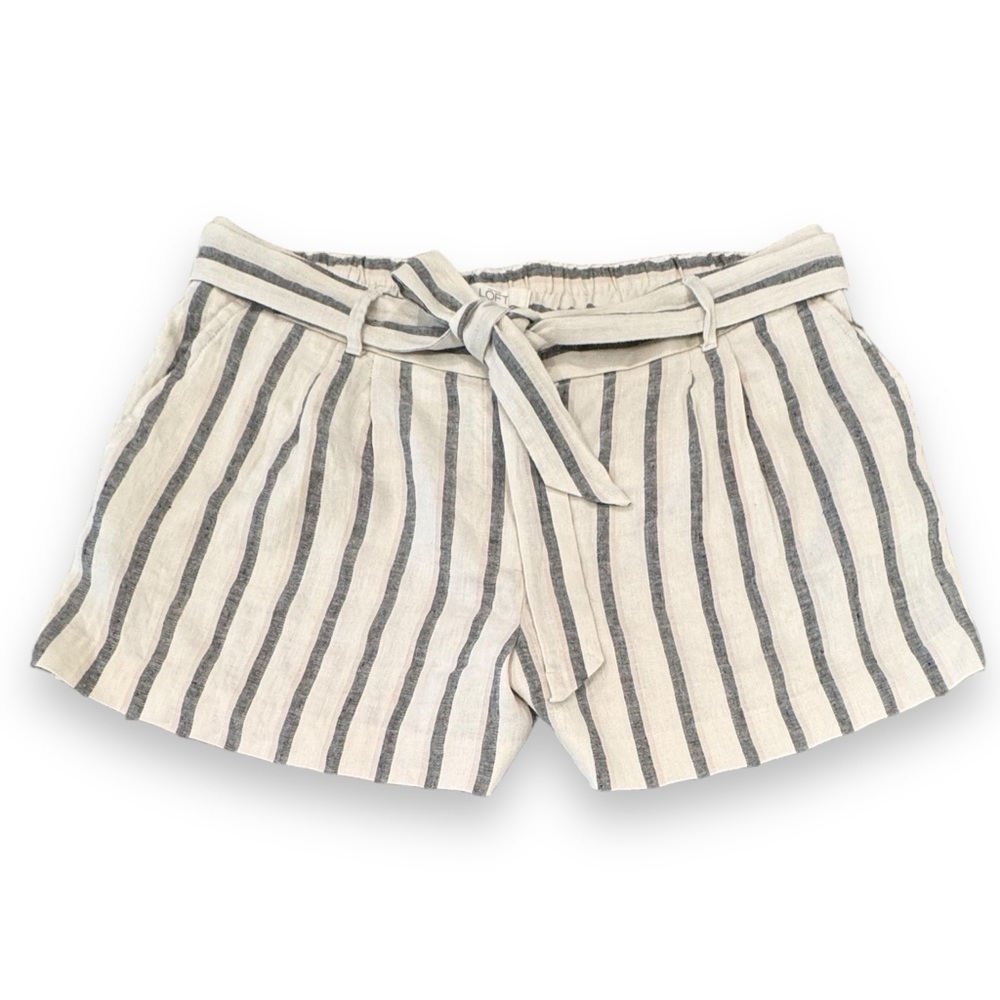 Ann Taylor LOFT Size 10 Cream/Gray Stripe High Rise Linen Blend Shorts NWOT
